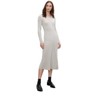 Club Monaco Wool Long Sleeve Ribbed Midi Sweater Dress Light Grey Size L
